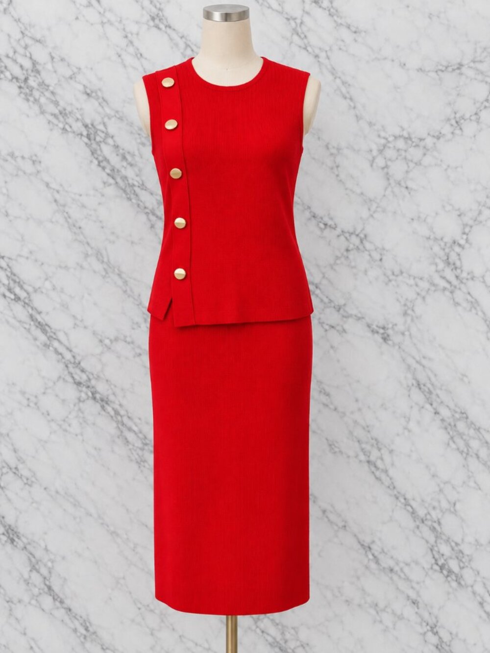 ZARA Red Knit Two-Piece Midi Skirt Set Gold Button Detail Size S